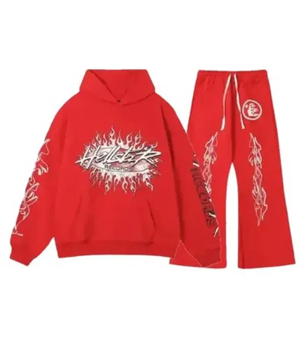 Hellstar Racer Tracksuit Vintage Red Flame Graphic Hoodie Sweatpants Set Oversized Streetwear Jogger Set