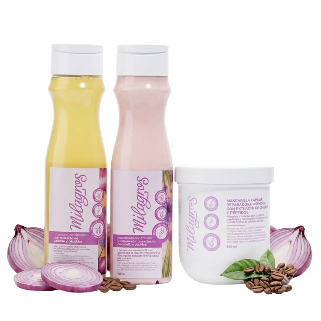Milagros 3 Pack Shampoo and conditioner de Cebolla y Peptidos 450ml - Hair Mask onion, peptides, aminoacids Haircare Nourishing Hyaluronic Hydrating Frizz