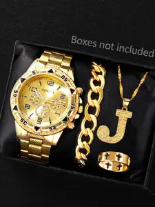 Trendy Steel Band Men's Quartz Movement Watch Set with Pendant Necklace Bracelet Ring, Digital Dial Design, Perfect Birthday Gift