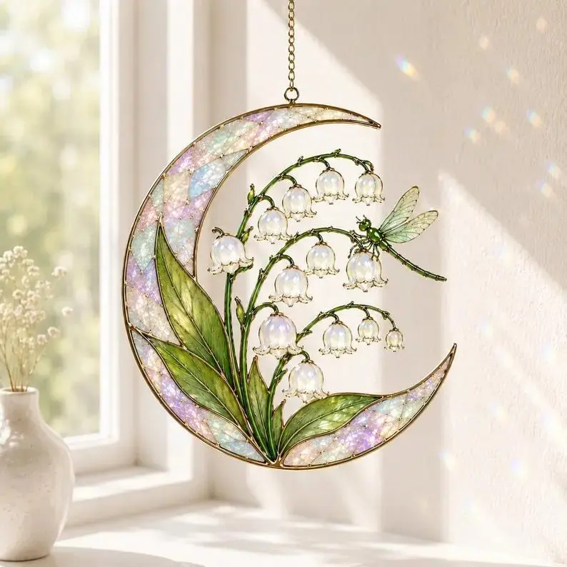 Cottagecore Stained Glass Suncatcher Crescent Moon Window Hanging, Lily of the Valley & Dragonfly Fairycore Room Decor, Acrylic Glass Hanging Ornament, Mother's Day Gift