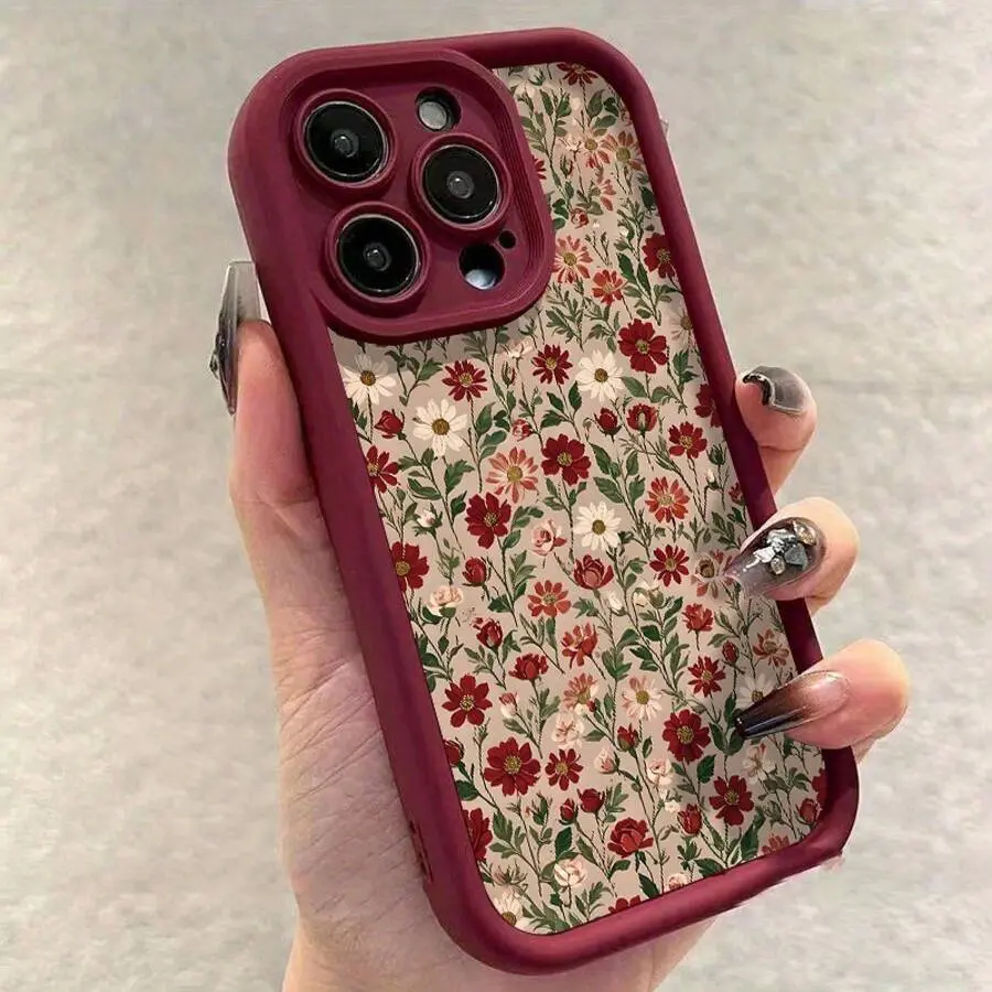 Vintage Burgundy Floral iPhone Casing - Shockproof, Full Lens Protection, Minimalist Local Phone Accessories, Compatible with iPhone 7,X,XR,XS Max,11-16 Pro/Pro Max/Plus, Valentine's Gift