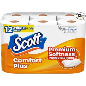 Scott ComfortPlus Toilet Paper, 12 Triple Rolls, 231 Sheets per Roll, Septic-Safe, 1-Ply Toilet Tissue
