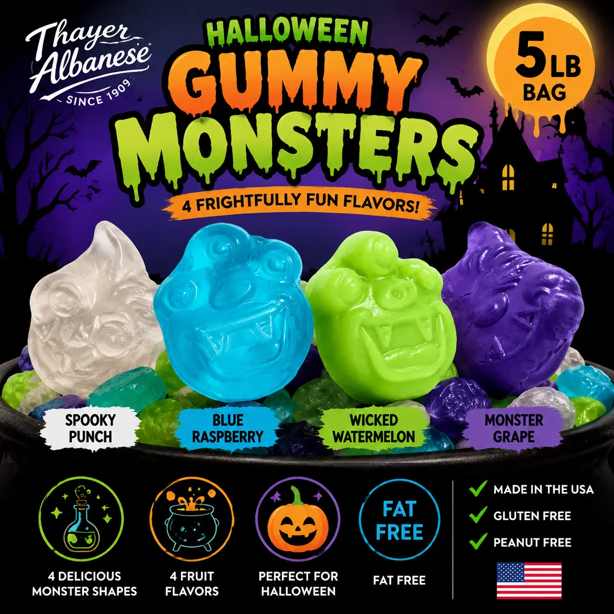 Albanese Halloween Gummy Monsters 4 Flavors 5 lb Bulk Bag Spooky Gummy Candy  Product Description