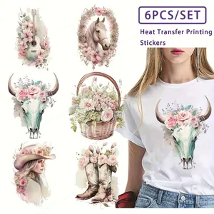 6pcs/set Cowboy Boots & Floral Designs Iron-On Transfer Stickers - DIY Washable Thermal Heat Transfer Patches with Realistic Printing Effect for T-Shirts & Fabric Decor, Western Style Clothing|Rustic Charm Decor|Durable Iron-On Stickerr