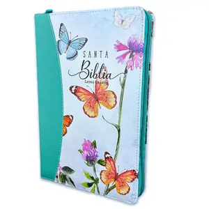 Bible in Spanish for Women Reina Valera 1960 12 Point Large Font with Zipper Imitation Leather Floral Turquoise with Butterflies and Floral Index