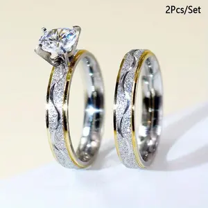 2-pieceSetRomanticTitaniumAlloyInlaidShinyArtificialZircon925SilverPlatedCoupleRings-ChoiceforWeddingsandEngagementscouplesringsets