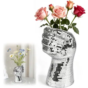 1Pcs Fist Shape Disco Vase, Silver Mirror Finish Fist Shape Disco Ball Planter, Home Living Room Balcony Study Desk.