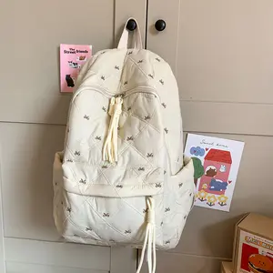 Fresh Bow Embroidery Large-Capacity Backpack, Korean INS Sweet Style Student School Bag, Casual Travel Daypack with Multiple Compartments for Women(No attachments)