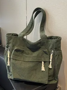 Autumn/winter large-capacity casual corduroy tote bag with multiple pockets shoulder bag, Casual Commuter Bag, fastening straps, solid colour, zipper closure, polyester lining - perfect for shopping, commuting and short trips.