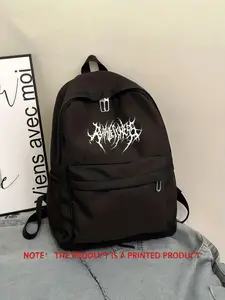 Dark Punk Style Print Nylon Bag, Adjustable Shoulder Strap, Zip Closure, Multi-Color Options, College Backpack, Casual Daypack Backpacks, Ideal for Daily Use, Commuting, School, Gifts