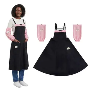 MUTIOVO Unisize Professional Uniform for Nail Tech, Black Apron with Pink Adjustable Sleeve Protectors, SupCooTec Fabric Smock for Barber, Artist & Pet Groomer, Waterproof & Bleach-Proof Work Dress