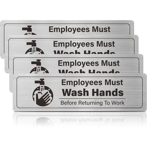 4 Pack Employees Must Wash Hands Sign-Wash Your Hands Sign Bathroom Decor,Handwashing Signs for Restaurant Commercial Kitchen Self-Adhesive, Brushed Aluminum，Round Icon
