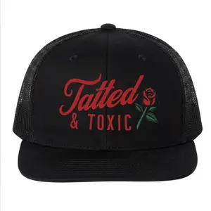 "Tatted & Toxic" Trucker Hat with Rose Graphic - White & Black Mesh Snapback - Edgy Aesthetic Cap for Men & Women