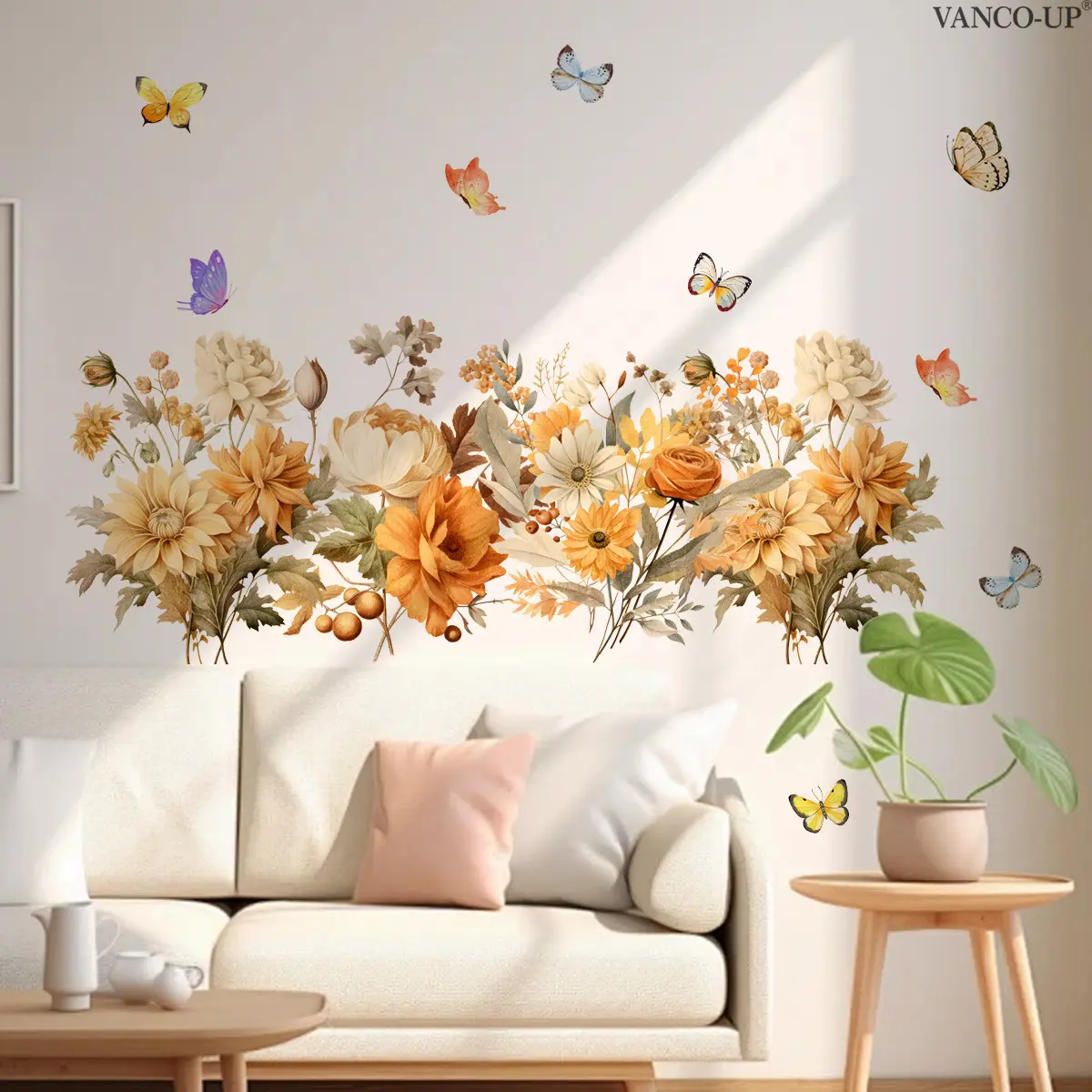 A (30*60cm) creative yellow-themed floral and butterfly 2D flat wall sticker for living room and bedroom home decoration background (M20366)