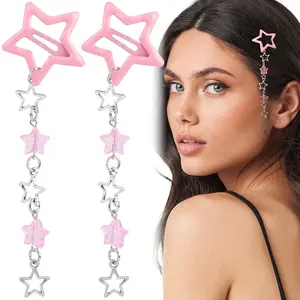 2PCS Star Tassel Hair Clips – Y2K Snap Barrettes, Pink Star Beaded Non-Slip Hair Pins for Women Girls All Hair Types