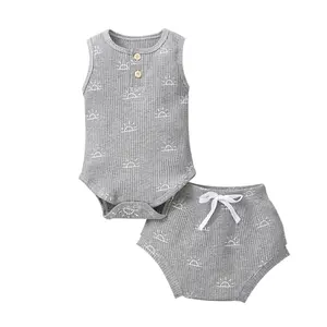 Toddler Infant Baby Boy Girls Summer Clothes Ribbed Sleeveless Sun Print Tank Tops Solid Color Shorts Set 2Pcs Newborn Casual Outfits