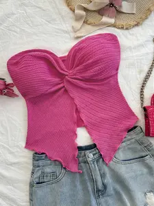 Women's Halter Neck Twist Design Sleeveless Top, Fashion Textured Plain Color Crop Top, Casual Summer Wear for Women