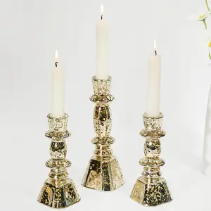 Glass Candlestick Holders Set of 3,Mercury Glod Taper Candle Holders for Table Centerpiece,  Decorations, Wedding and Party
