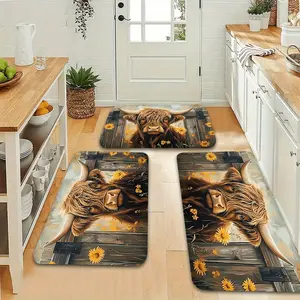 3pcs Kitchen Mat Set - Country Highland Cow & Sunflower - Washable - Suitable for Laundry Room, Bathroom, Living Room, Bedroom - Easy-to-Clean Home Decor