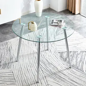 A glass tabletop with a diameter of 40 inches and a modern minimalist circular dining table with silver metal legs.Suitable for living rooms, and conference rooms.W1151S00377/W1151S03033