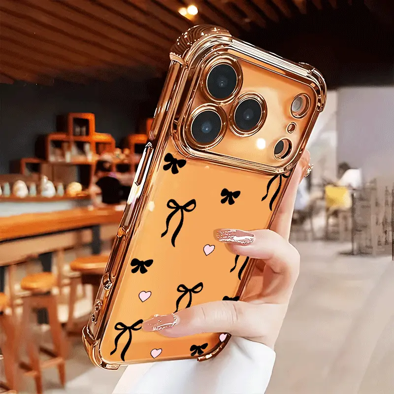 Bows and Hearts Compatible with iPhone 16 16e 15 17 Air 14 13 12 11 Pro Max Plus X XS Rugged Durable shockproof Anti-Scratch soft Silicone case Four-corner Thickened Electroplated Bumper