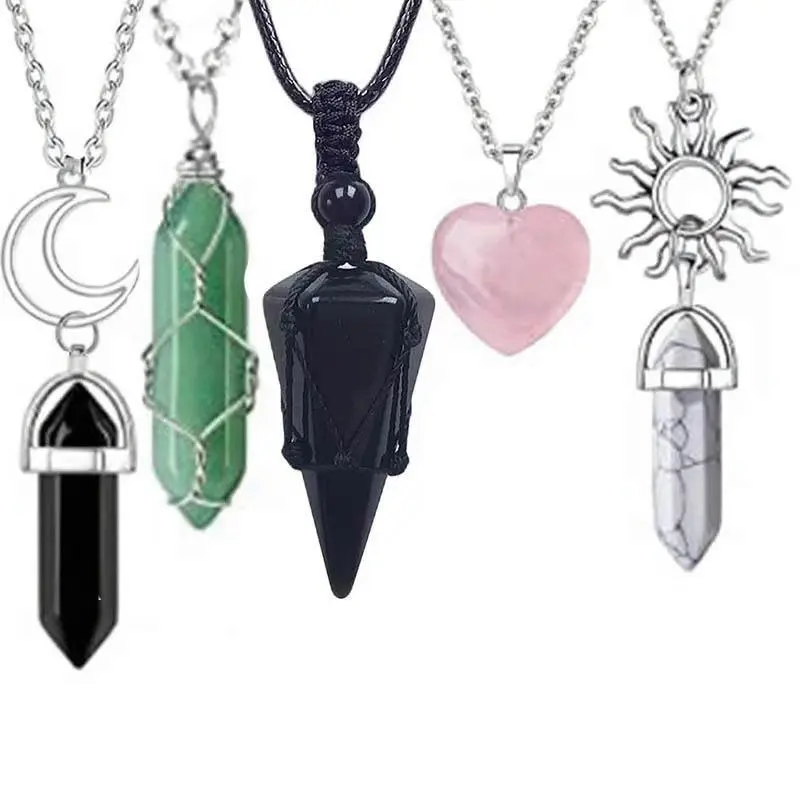 5pcs Crystal Necklace Set Healing Crystal Full-Circle Gemstone Necklace Symbolizing Strength, Power, Wealth, Good Fortune, and Love The Best Gift You Can Give Yourself Healing Crystal Necklace christmas gifts for gf/women/mom