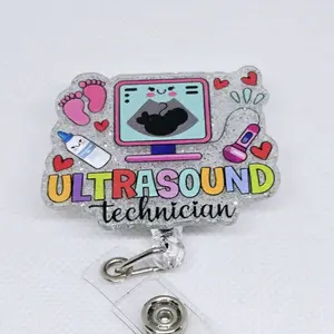 Ultrasound Technician Glitter Acrylic Retractable Badge ID Reel Belt or Alligator Clip id badge hospital worker