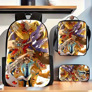 Durable Water Resistant 3-Piece Backpack Set for Kids, Lightweight School Bag with Lunch Box, Featuring Digimon WarGreymon & Taichi Glowing Golden Anime Full-Print, Sparkle Warm Light Background for Digimon Anime Fans Daily School & Casual Use