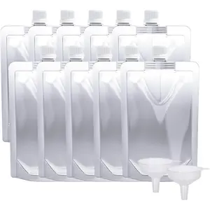 Plastic Pouches - Leak-Proof, , Flexible Juice Bags,  for Travel, Outdoor , Concerts, Events (8OZ - 10 count + 2 Funnels)