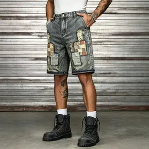 Men’s vintage denim shorts with patches and rips, American-style plaid patch frayed shorts.