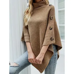 2025 Autumn Winter Shawl Cloak Sweater Solid Color Turtleneck Oversized Cape Coat Female Ponchos Pullover Knitted Bat Sleeve Top