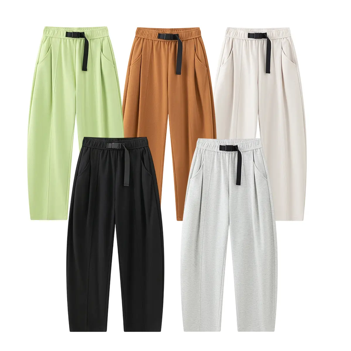 Pleated Harem Jogger Pants with Buckle Belt, Unisex High Waist Soft Knit Tapered Athletic Trousers, Cargo Trousers, Casual, Drawstring, Harem Pants, Lightweight