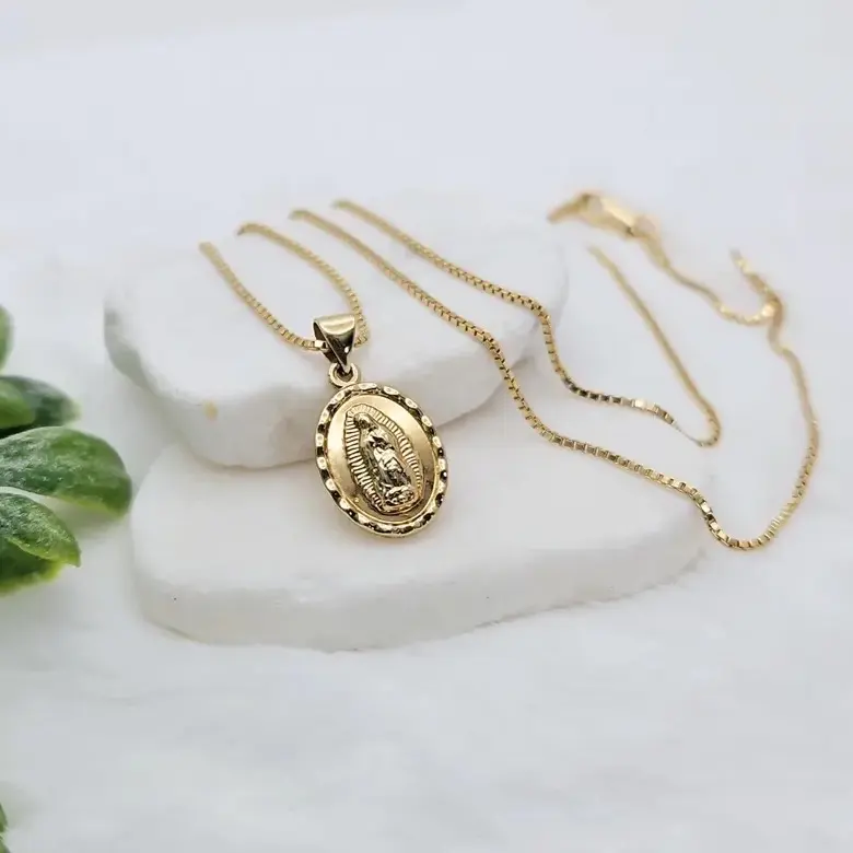 Gold Virgin Mary Necklace, Diamond Cut Guadalupe Necklace, 14k Heavy Plated Gold