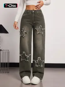 Women's Fashion Jeans, Star Embroidery Design, Loose Fit, Casual Style, Daily Wear, Everyday, All-Season Ladies' Denim Jeans, Pants, Casual Denim Trousers
