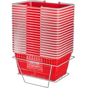 VEVOR Shopping Basket, Set of 20, 21L Durable Plastic Grocery Basket with Handle and Stand, 16.5x 11.8x 8.27 inch Portable Shop Basket Bulk Used for Retail Store Supermarket Grocery Shopping, Red