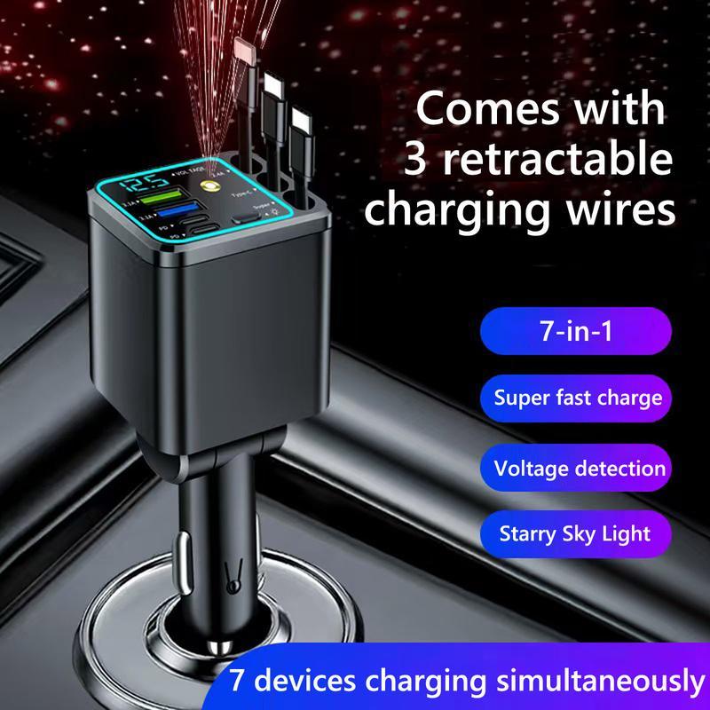 8-in-1 Ultimate Car Charger!  Level up your drive with 60W Starlight projection, retractable cables for zero mess, and 3.1A fast charging. Real-time voltage monitoring keeps your ride safe.  Must-have car gadget for 2026!