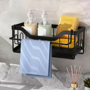 1 Count  Sink Drain Rack, Metal Sponge Holder with Detachable Towel Hanging Rod, Punch Free Wall Mounted Countertop Organizer for Home Kitchen, Bathroom Organizing Accessories