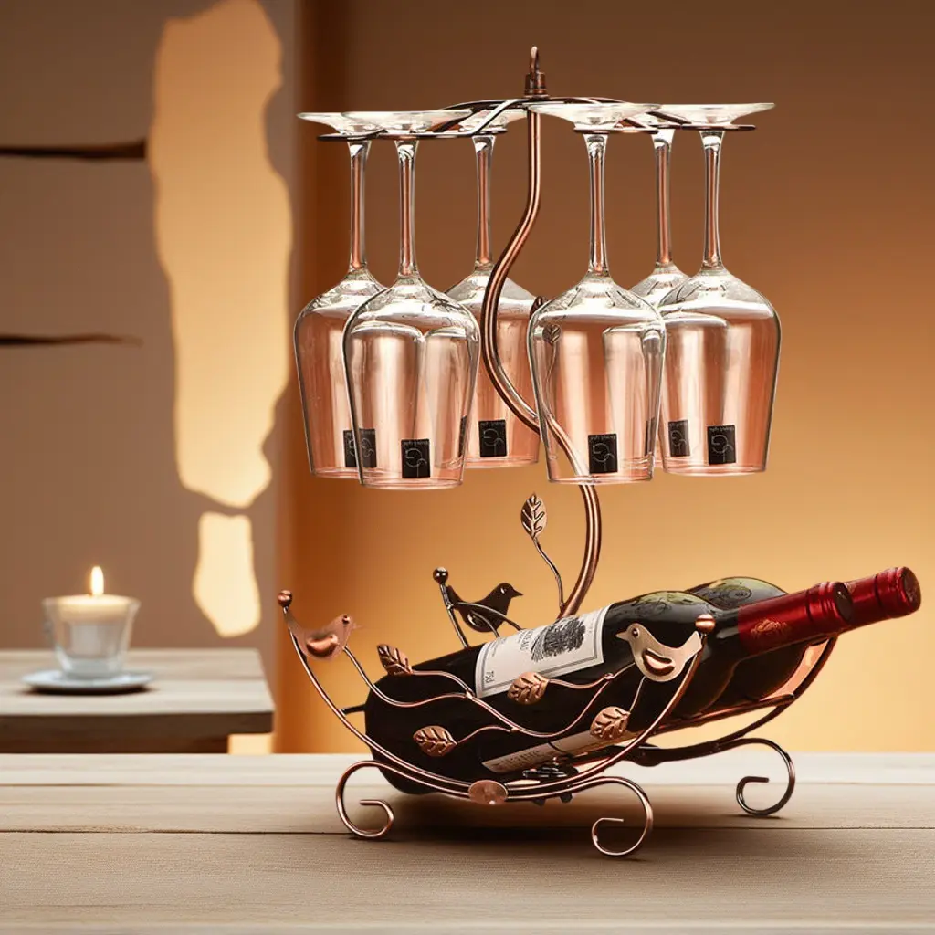 Vintage Bronze Electroplated Iron Hanging Bird-Leaf Wine Rack, Home Organizer Storage Holder for Home Bars, Countertops - Decorative Centerpiece, Holds 2 Bottles & 6 Glasses, Easy to Clean
