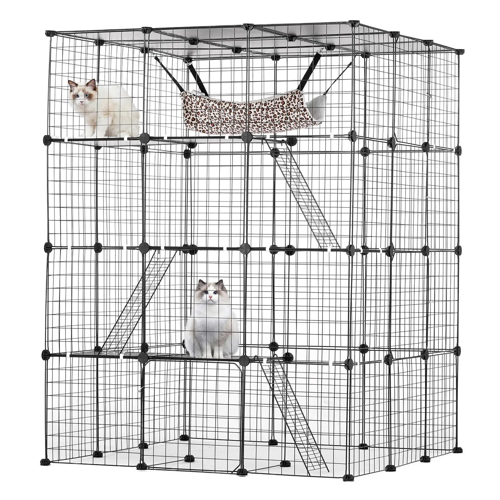 【Father's Day Gift】VEVOR 4-Tier Large Wire Metal Enclosed Escape-Proof Kennel, 41x41x55in Detachable Pet Crate with 4 Front Doors, Hammock, Ramp, Ladders, for Kitties, Indoor-Outdoor Use (Black)