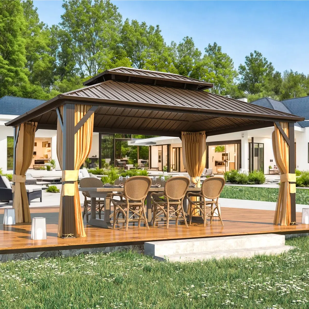 Jolydale Hardtop Gazebo, Outdoor Gazebo with Galvanized Steel Double Roof, Patio Gazebo with Breathable Netting & Privacy Curtain, Decor Hooks for Backyard, Brown