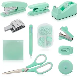 Green Desk Accessory Kit Cute Office Supplies Set Desktop Stapler Set Includes Staple Remover Hole Punch Tape Dispenser Ballpoint Pen Scissor Mini Box  Tape Measure Paper Clips Sticky Notes