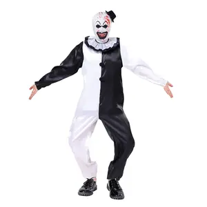 ATTBEA Unisex Kid and Adult Clown Costume Jumpsuit Black and White Halloween Outfit Scary Killer Cosplay with Mask Hat