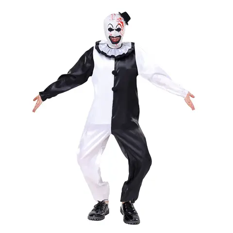 ATTBEA Men's Black and White Polyester Clown Jumpsuit Set - Adult-L Unisex Scary Nice Costume for Halloween, Cosplay with Mask & Hat