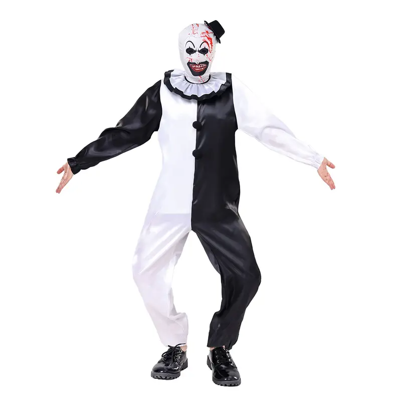 ATTBEA Men's Black and White Polyester Clown Jumpsuit Set - Adult-L Unisex Scary Nice Costume for Halloween, Cosplay with Mask & Hat