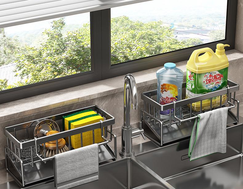 Kitchen sink draining rack, automatic drainage plastic storage rack, sink shelf, sponge and soap rack, towel rack