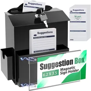 Suggestion Box with Slot and Lock, Metal Donation Box with   Sign Holder 50 Suggestion Cards, Black Wall Mounted Ballot boxes for Prayer Church School Office Tip Jar