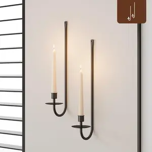 Metal Wall Candle Sconce Holder Set of 2 Wall Mount Candle Holder Pillar Holder Black Modern Wall Candle Sconces Hanging for Living Room Farmhouse Fireplace Wedding