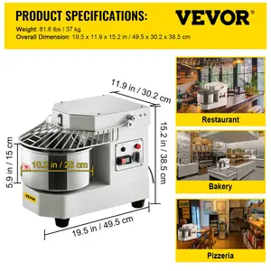VEVOR Commercial Food Mixer, 7.3Qt Capacity, 450W Dual Rotating Dough Kneading Machine with Food-grade Stainless Steel Bowl, Security Shield Timer Included, Baking Equipment for Restaurant Pizzeria