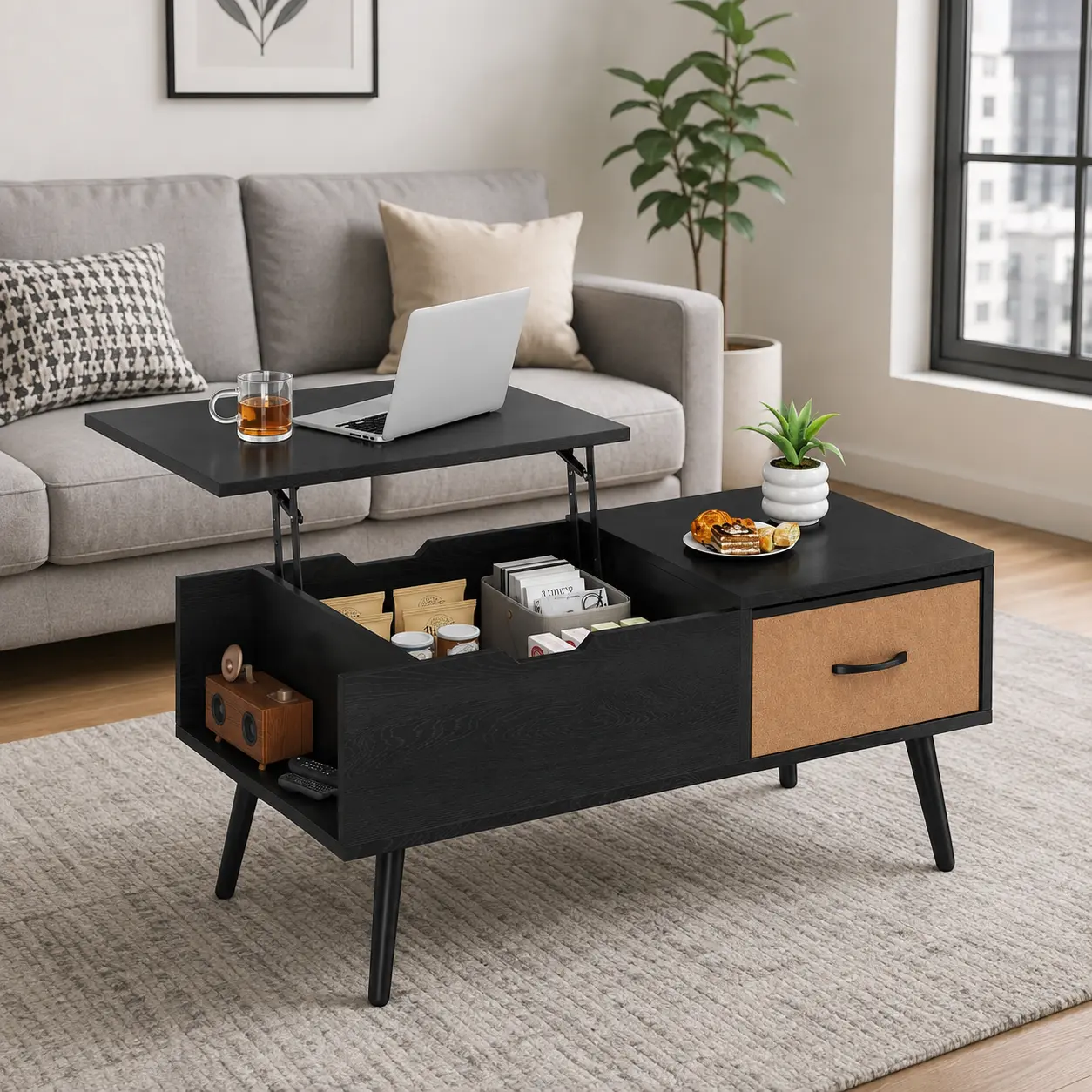 Costoffs Rectangle Modern Lift-Top Particle Board Coffee Table - Indoor Living Room Centerpiece with Hidden Storage, Bin Drawer, Slanted Legs, Space-Saving WFH Desk for Quick Conversion