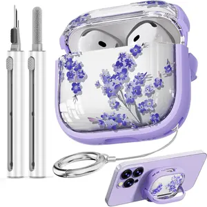 with Safety Lock for AirPods 4 Case,Clear Floral Cute AirPod 4th Generation Case for Women Girly with Cleaner Kit and Keychain- Purple Flower